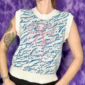 Zara blue and white zebra print knit best with pink flower doodle embroidery